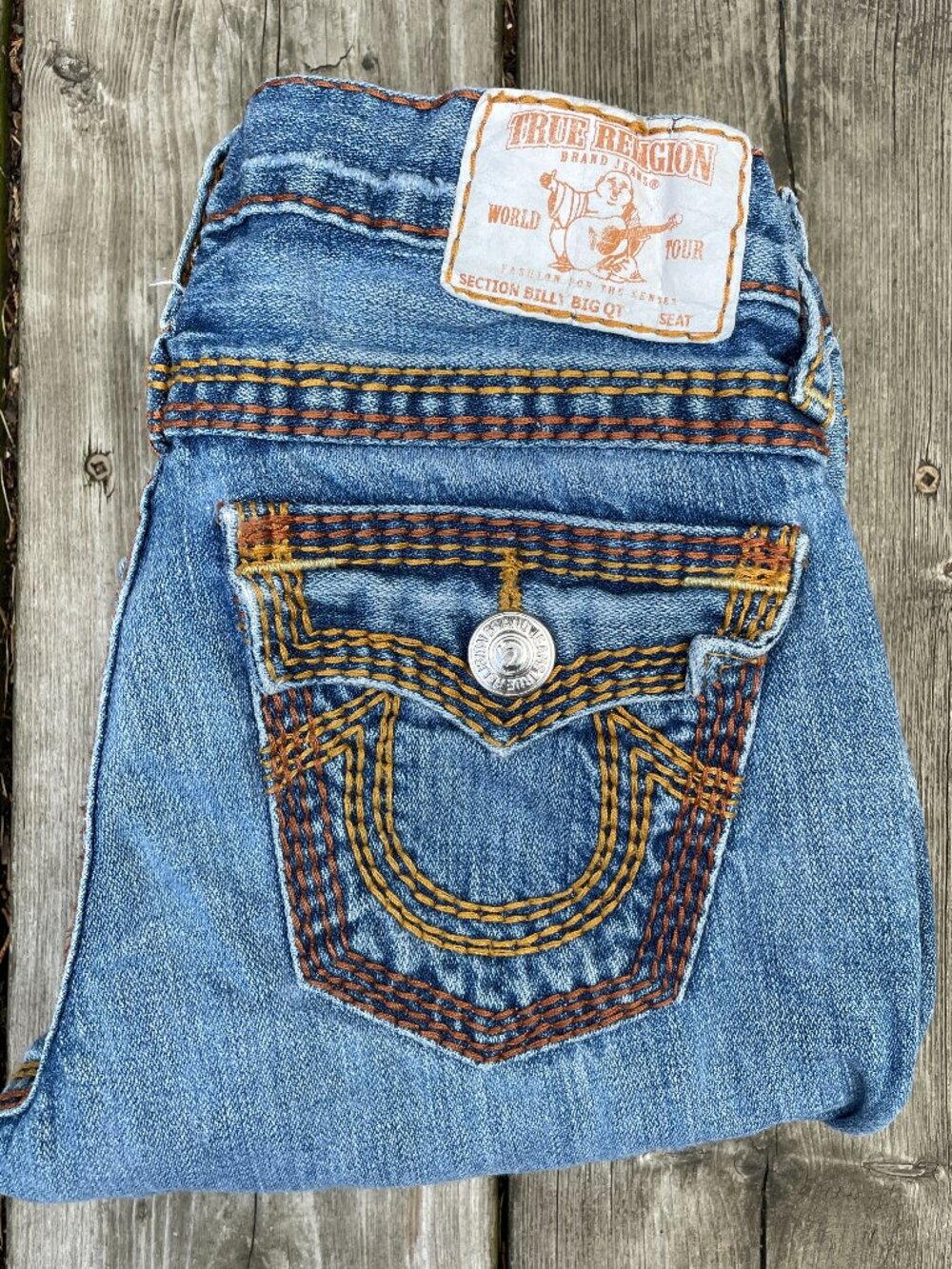 Vintage True Religion Jeans Size 10 BILLY BIG QT Orange Quad Stitch Jeans Blue